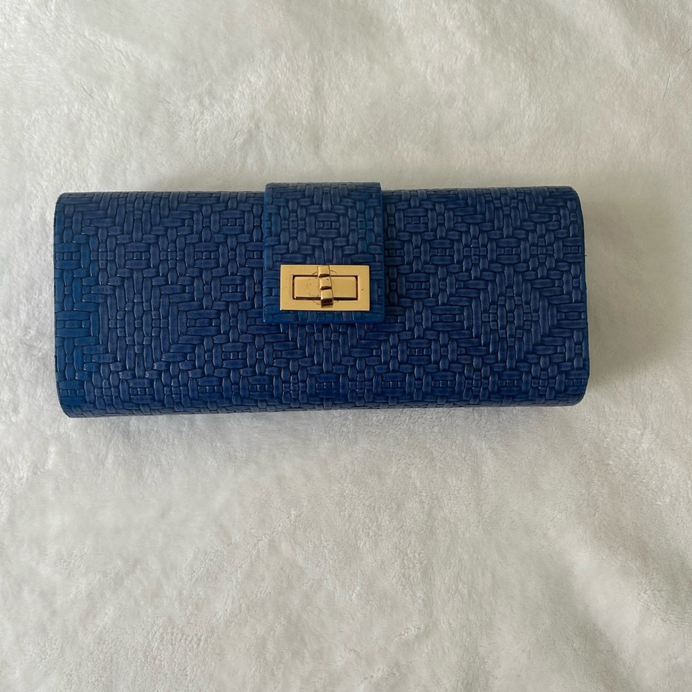 Blue Woven Clutch Wallet with Gold Turn-Lock